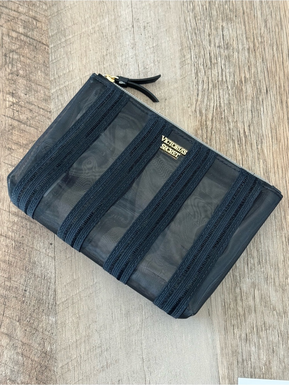 Victoria's Secret Black Small Mesh Toiletry Pouch with Gold Logo